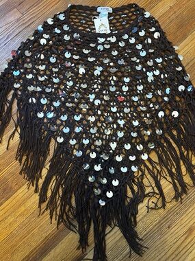 Vivid chocolate Brown Sequin Crochet Fringe Poncho